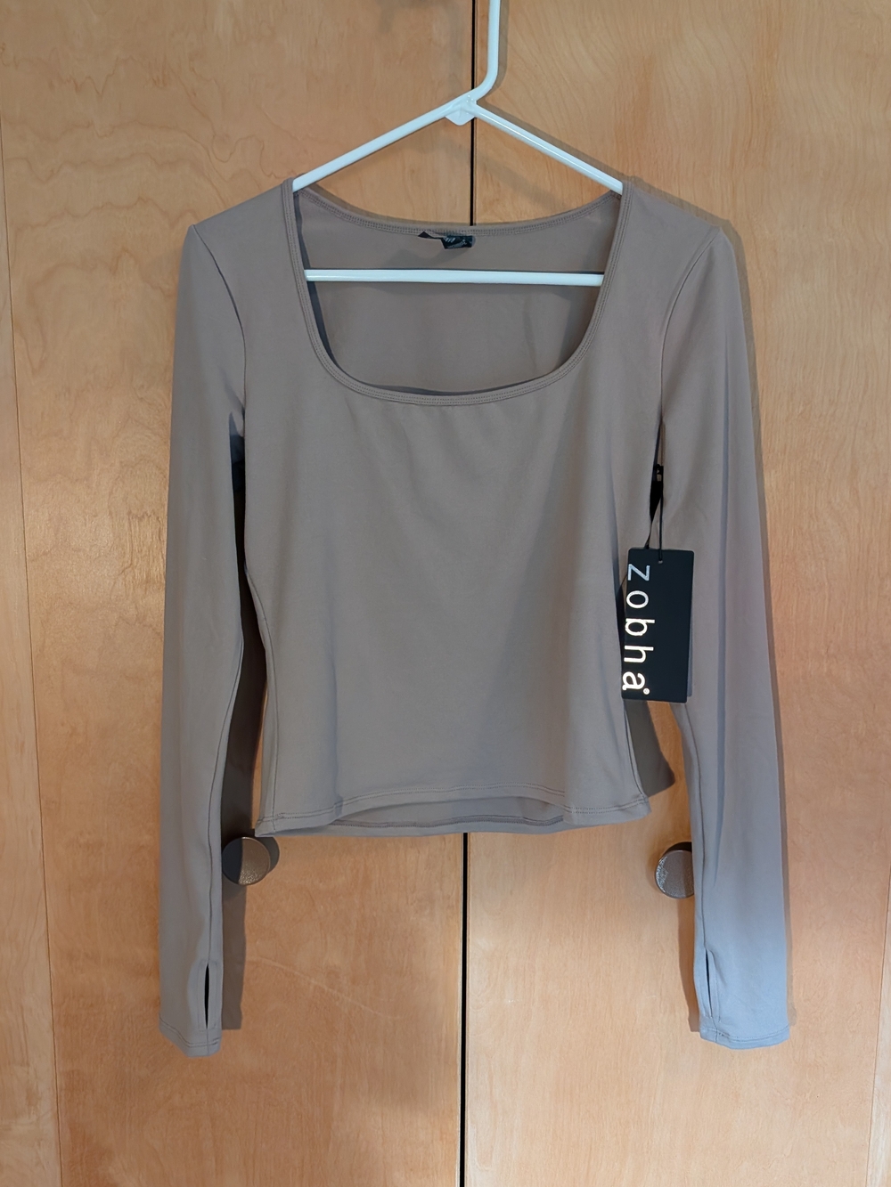 Zobha Women's Long-sleeve Tan Active Top with Square Neckline and Thumbholes.